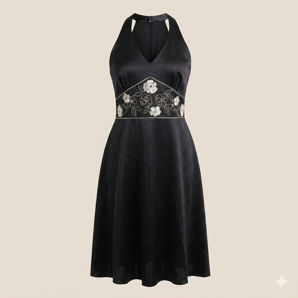 Yves Cossette Depeche Mode Black Satin Floral Embroidered Halter Midi Dress 10 M